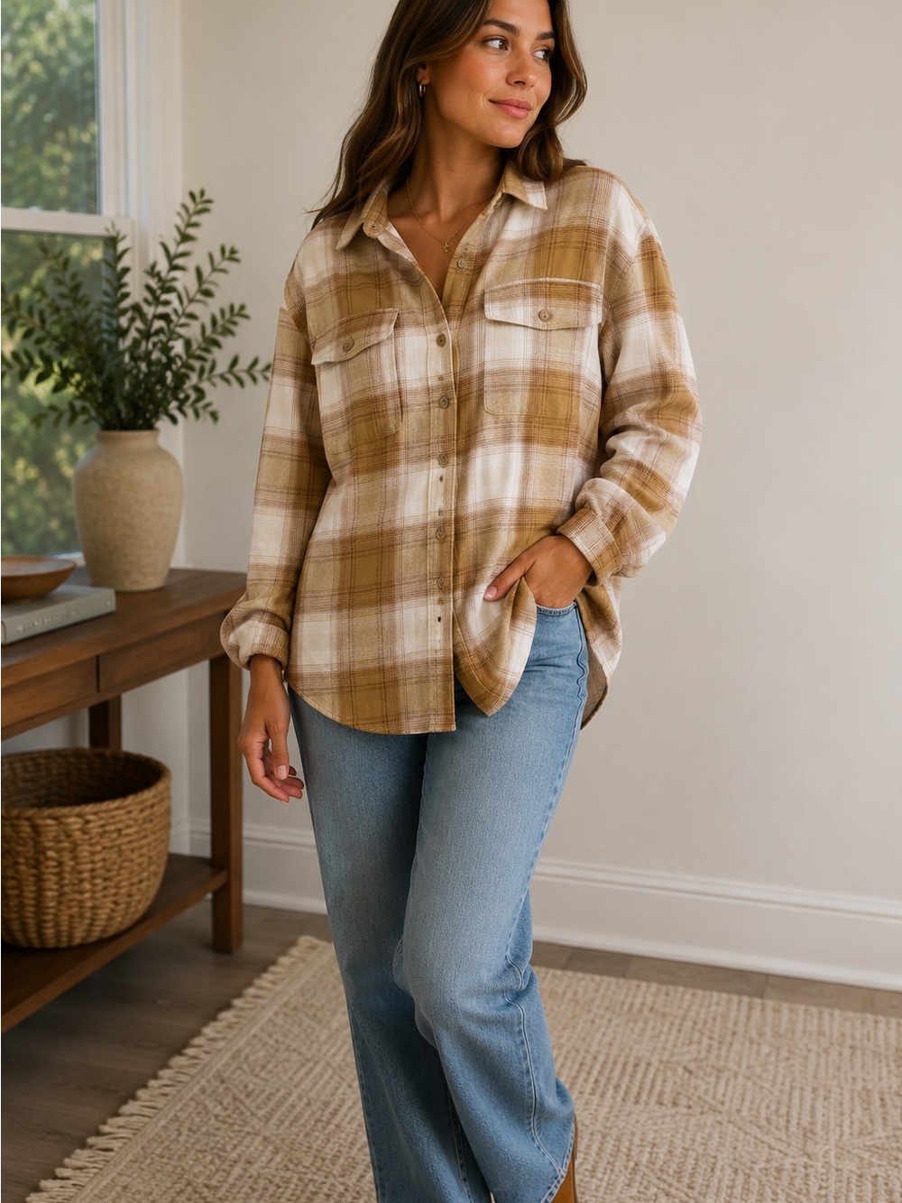 Old Navy Boyfriend Flannel Shirt Plaid Tan Cream Medium